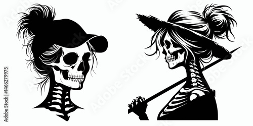 Female Skeleton with Messy Bun Farmer. Clipart silhouette vector illustration. Woman cranium disheveled coil agrarian rural cultivator.