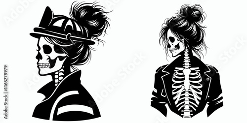 Female Skeleton with Messy Bun Firefighter. Clipart silhouette vector illustration. Woman bone structure untidy hairdo brave rescuer flame combat profession.