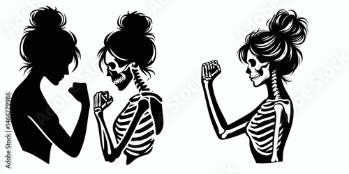 Female Skeleton with Messy Bun Fist Bump. Clipart silhouette vector illustration. Womans bony anatomy sporting disheveled chignon knuckle contact gesture.