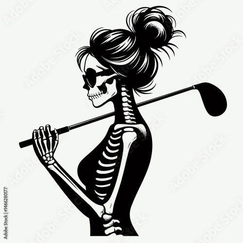 Female Skeleton with Messy Bun Golfing. Clipart silhouette vector illustration. Bony woman playing golf undone coiffure sporty anatomical cadaver figure.