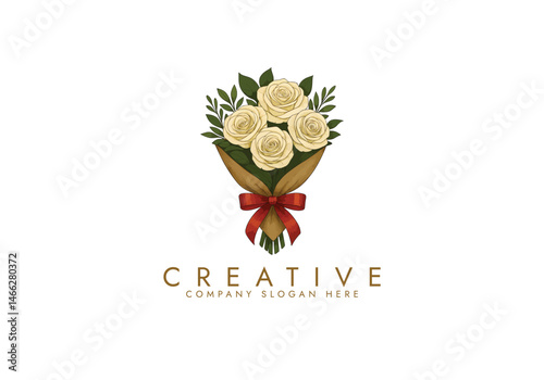 Rose logo, kraft paper rural with a white rose logo tied with a red ribbon vector design