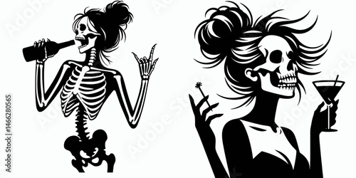 Female Skeleton with Messy Bun Partying. Clipart silhouette vector illustration. Woman bones having fun at a celebration untidy hairdo dancing persona.