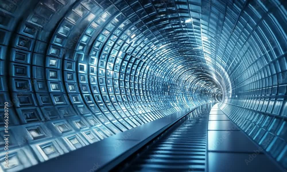 A futuristic tunnel with glowing blue patterns and smooth lines.