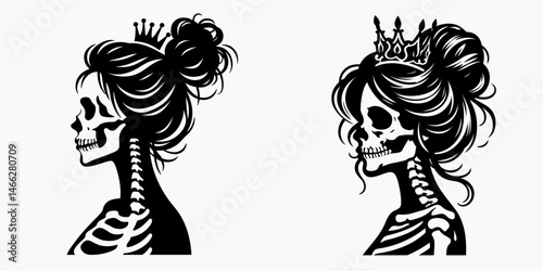 Female Skeleton with Messy Bun Princess. Clipart silhouette vector illustration. Undead woman disheveled chignon a royal icon spooky feminine.