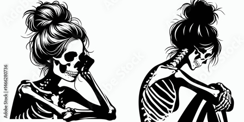 Female Skeleton with Messy Bun Resting. Clipart silhouette vector illustration. Woman bones relaxed topknot hairdo morbid anatomy still figure repose form.