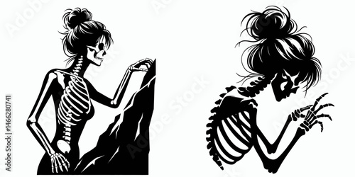 Female Skeleton with Messy Bun Rock Climber. Clipart silhouette vector illustration. Climber lady bone structure figure disheveled hairstyle ascending crag.