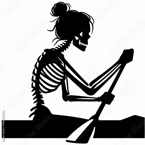 Female Skeleton with Messy Bun Rowing. Clipart silhouette vector illustration. Bony woman updo hairdo paddling boat sporting endeavor theme.