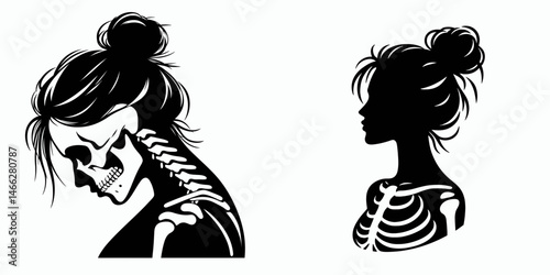 Female Skeleton with Messy Bun Rugby. Clipart silhouette vector illustration. Womans skull topknot playing prolate spheroid game illustration.