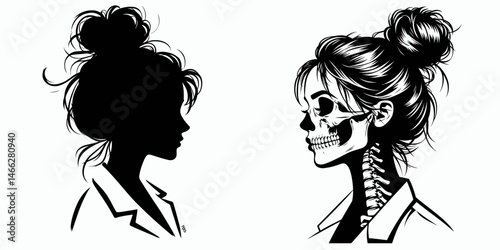 Female Skeleton with Messy Bun Scientist. Clipart silhouette vector illustration. Cranium woman hairstyle anatomy expert doing lab exploration.
