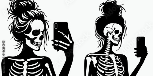 Female Skeleton with Messy Bun Selfie. Clipart silhouette vector illustration. Woman skull in disarray topknot portrait a macabre self image theme.
