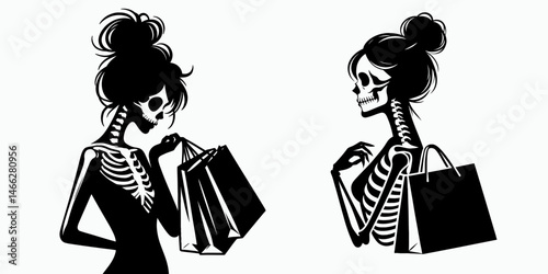 Female Skeleton with Messy Bun Shopping. Clipart silhouette vector illustration. Bony woman disheveled coiffure doing retail purchase bone structure.