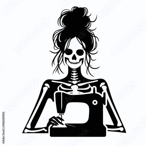Female Skeleton with Messy Bun Sewing. Clipart silhouette vector illustration. Woman skull sporting updo needlework crafting hobbyist anatomical representation.
