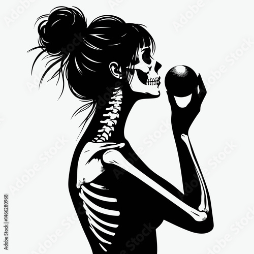Female Skeleton with Messy Bun Shot Put. Clipart silhouette vector illustration. Woman cranium undone coil fling ball athletic mort concept.