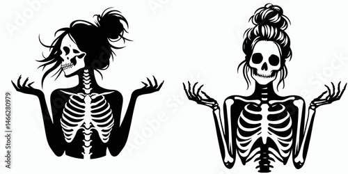 Female Skeleton with Messy Bun Shrugging. Clipart silhouette vector illustration. Womans bony anatomy disheveled hair knot gesturing ignorance.
