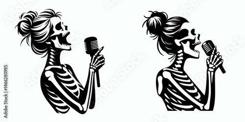 Female Skeleton with Messy Bun Singing. Clipart silhouette vector illustration. Vocalist osseous woman untidy chignon delivering a musical performance.