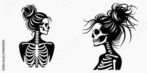 Female Skeleton with Messy Bun Streamer. Clipart silhouette vector illustration. Womans bony frame adorned undone chignon ribbon decoration.