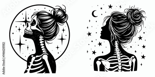 Female Skeleton with Messy Bun Stargazing. Clipart silhouette vector illustration. Bony lady casual updo admiring cosmic night view.