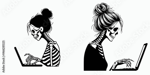 Female Skeleton with Messy Bun Typing. Clipart silhouette vector illustration. Cranium figure disheveled coil inputting data via keyboard.