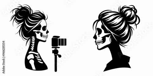 Female Skeleton with Messy Bun Vlogger. Clipart silhouette vector illustration. Woman bones having disheveled hairstyle creating video blog ghostly influencer.