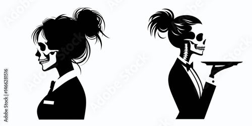 Female Skeleton with Messy Bun Waiter. Clipart silhouette vector illustration. Feminine bony figure in coiled chignon uniform eatery job concept.