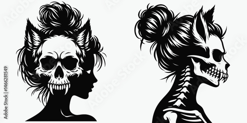 Female Skeleton with Messy Bun Werewolf. Clipart silhouette vector illustration. Woman bone structure alongside wild canine beast featuring disheveled coil.