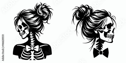 Female Skeleton with Messy Bun Bow Tie. Clipart silhouette vector illustration. Lady cranium disheveled knot and neckwear for Halloween costume.