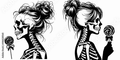 Female Skeleton with Messy Bun Candy. Clipart silhouette vector illustration. Woman cranium figure sporting disheveled coil confection offering.