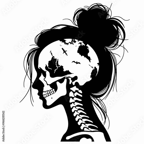 Female Skeleton with Messy Bun Map. Clipart silhouette vector illustration. Womans skeletal remains disheveled coiffure holding cartography for voyage theme.