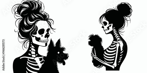 Female Skeleton with Messy Bun Pet. Clipart silhouette vector illustration. Bone lady disheveled topknot creature halloween theme image.