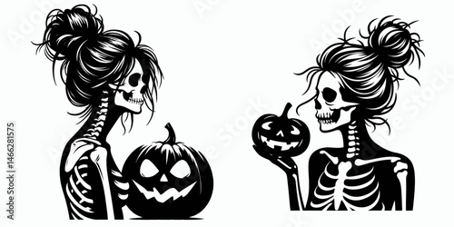Female Skeleton with Messy Bun Pumpkin. Clipart silhouette vector illustration. Lady bone structure sporting untidy chignon holding gourd autumn design.