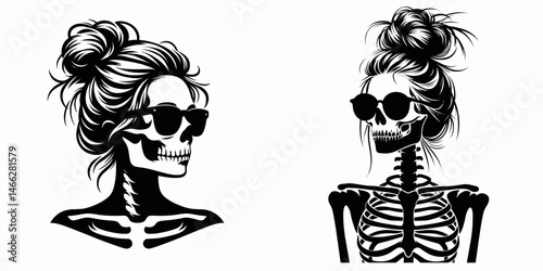 Female Skeleton with Messy Bun Sunglasses. Clipart silhouette vector illustration. Woman skull untidy hairdo visor shade for mortuary halloween design.