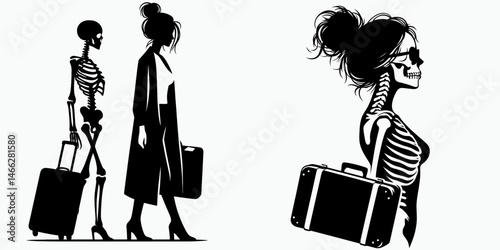 Female Skeleton with Messy Bun Suitcase. Clipart silhouette vector illustration. Womans bone figure having casual updo baggage vacation concept.