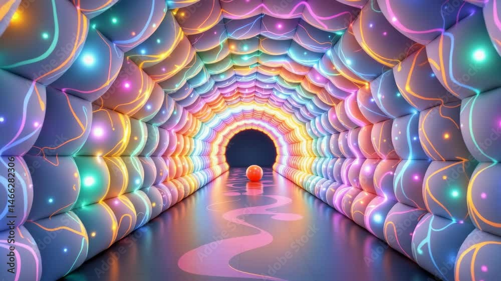 A vibrant, tunnel-like space with glowing, colorful wall patterns and an orange ball on the floor.