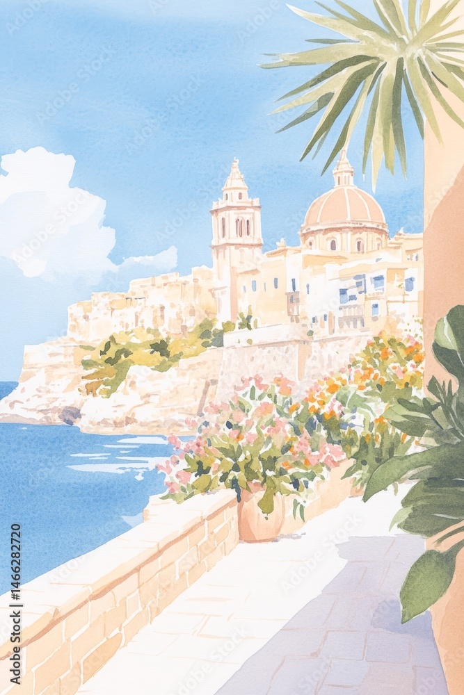 Fototapeta premium Beautiful Detailed Soft Pastel Colour Palette Vintage Gouache Illustration of Sunny Morning in Malta