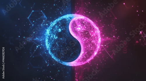 A vibrant, digital Yin and Yang symbol.  Intertwined, glowing spheres of cyan and magenta.  Geometric, glowing particles create a network effect.  Dark backdrop with digital elements
