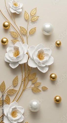 Elegant White Flowers, Gold Leaves, Pearls