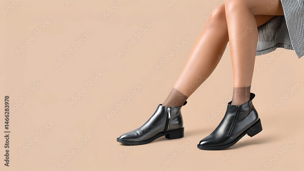 Legs of woman wearing trendy boots with zipper detail isolated on beige floor. Legs of woman wearing trendy boots with zipper detail isolated on beige floor.