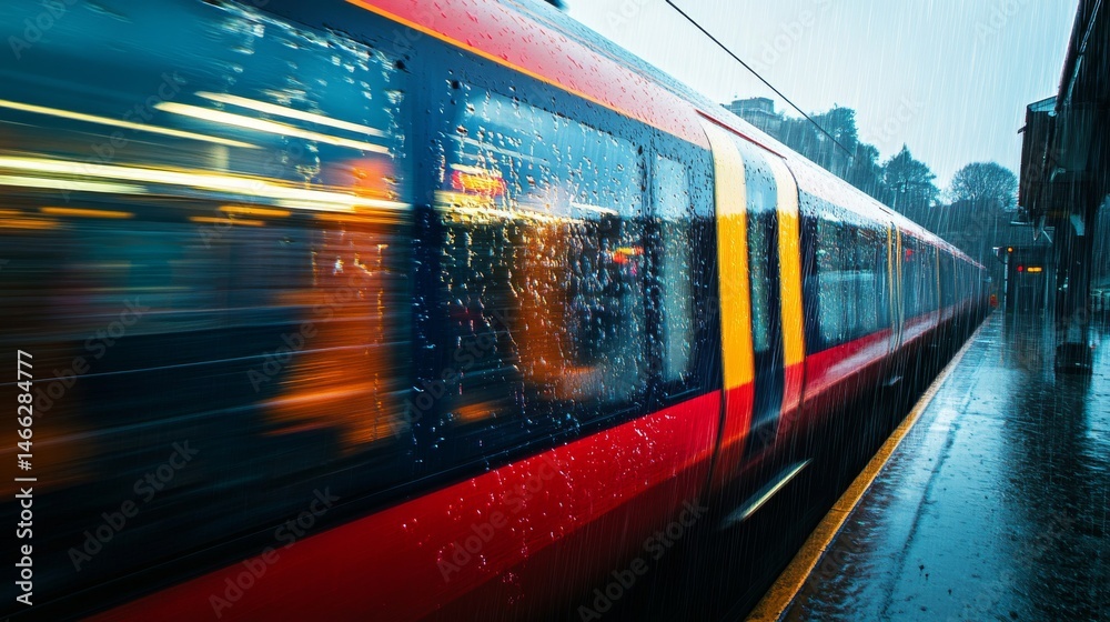 Fototapeta premium A vibrant train speeds through a rain-soaked station. The blurred motion evokes a sense of urgency and dynamic travel. Feel the excitement of the journey. Generative AI