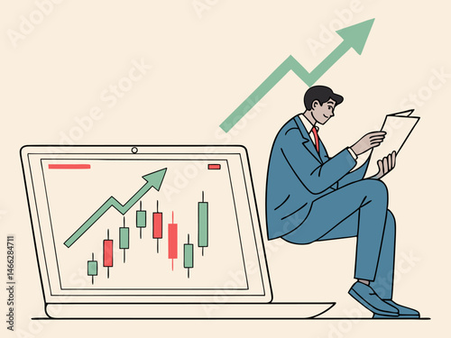 Modern businessman studying investment data on laptop screen with chart