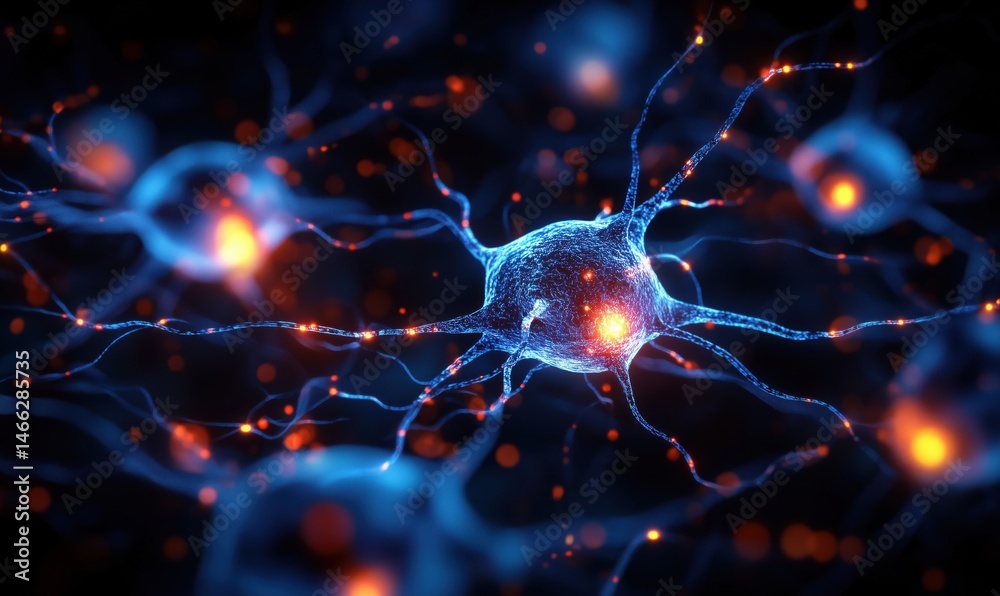 Neurons in a neural network illuminated with glowing synapses and connections Neurons in a neural network illuminated with glowing synapses and connections