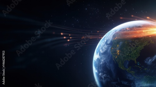 Interstellar Perspective: Witness the stunning convergence of cosmic rays and our home planet Earth in a breathtaking and vibrant display, showcasing the beauty and awe of the universe.