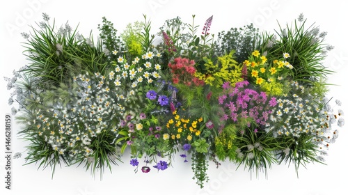 Beautiful flower bed with various grasses in a top view composition on a clean white background