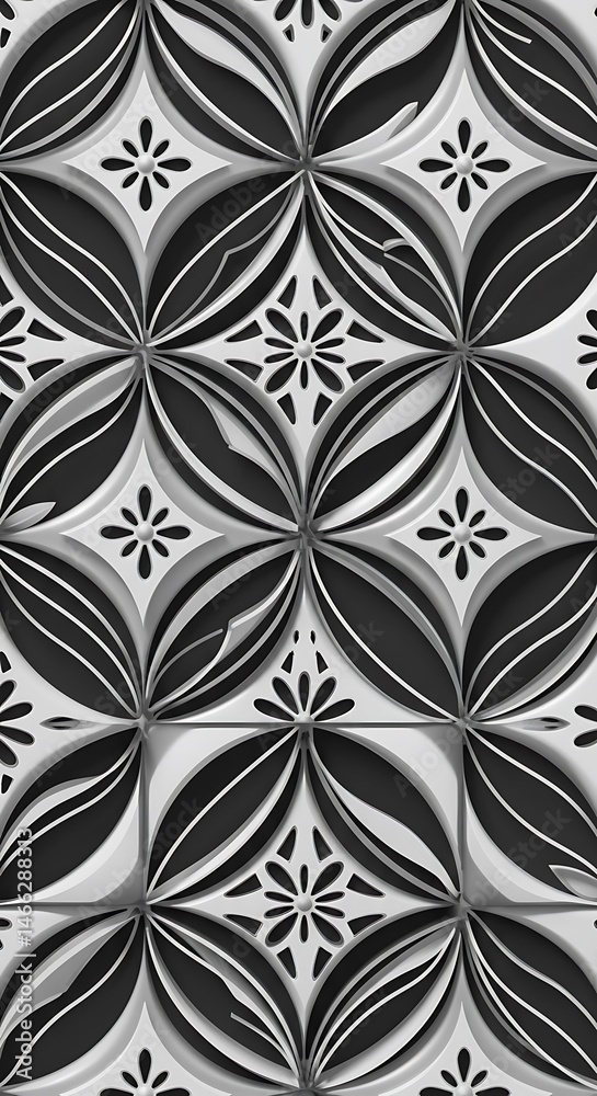 Monochrome Floral Tilework: Intricate Design, Textured Depth Monochrome Floral Tilework: Intricate Design, Textured Depth