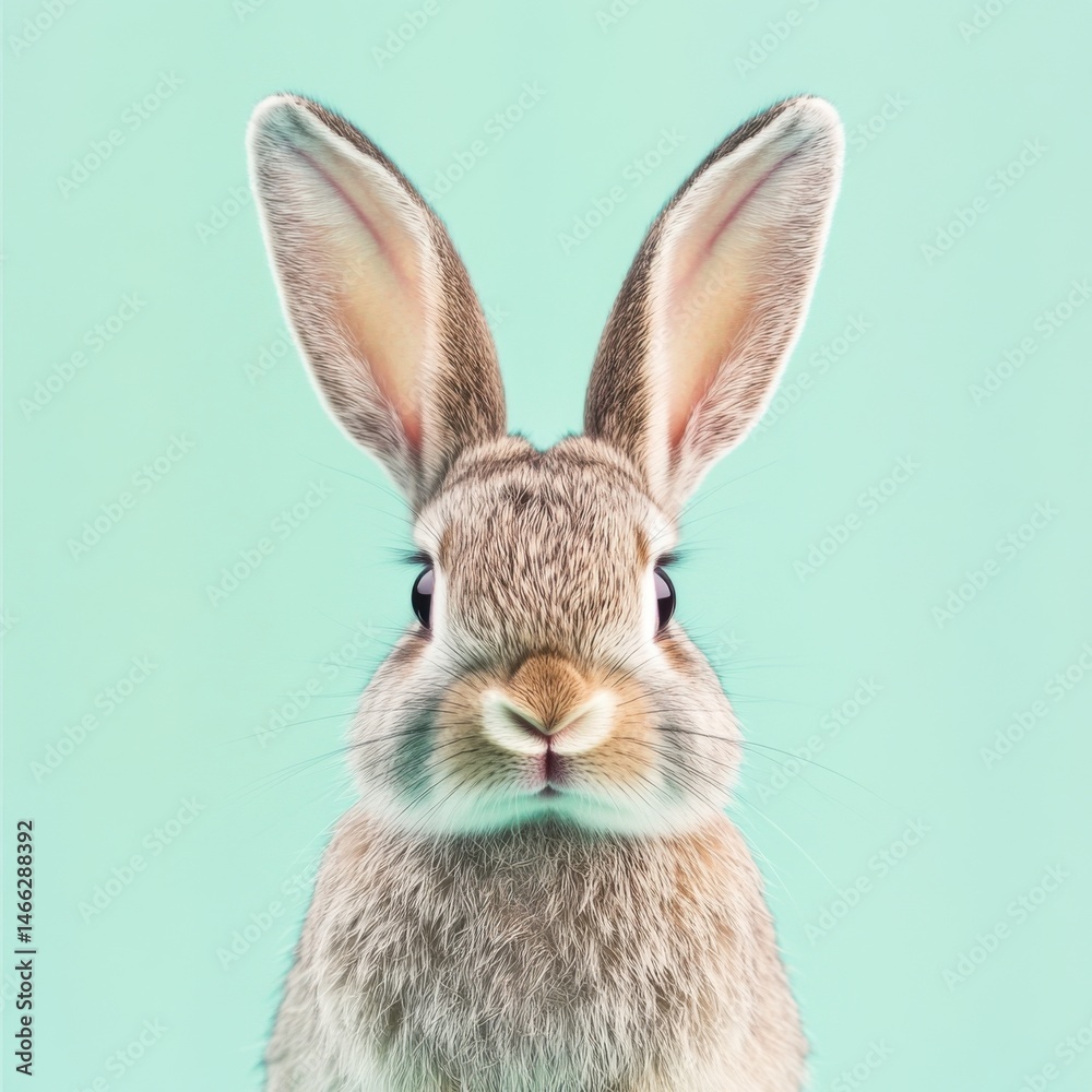 Fototapeta premium Cute Grey Rabbit Portrait on Mint Green Background