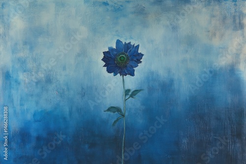 Naturalistic depiction of single flower with green center, blue-toned minimalist setting
