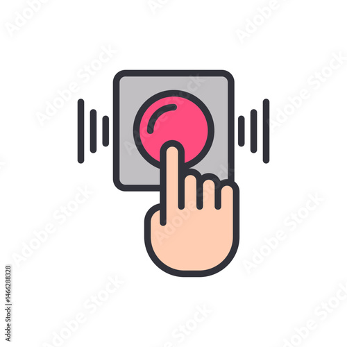 Illustration of a hand pressing a red button to activate a system or signal
