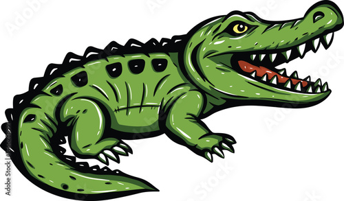 Cartoon Crocodile Full Body – Green Alligator Vector with Sharp Teeth
