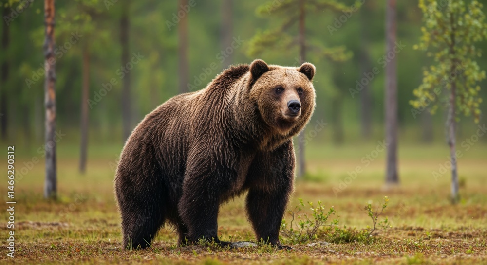 Fototapeta premium Majestic Brown Bear in Forest Habitat - A large brown bear stands majestically in a lush green forest, showcasing its powerful presence and natural beauty