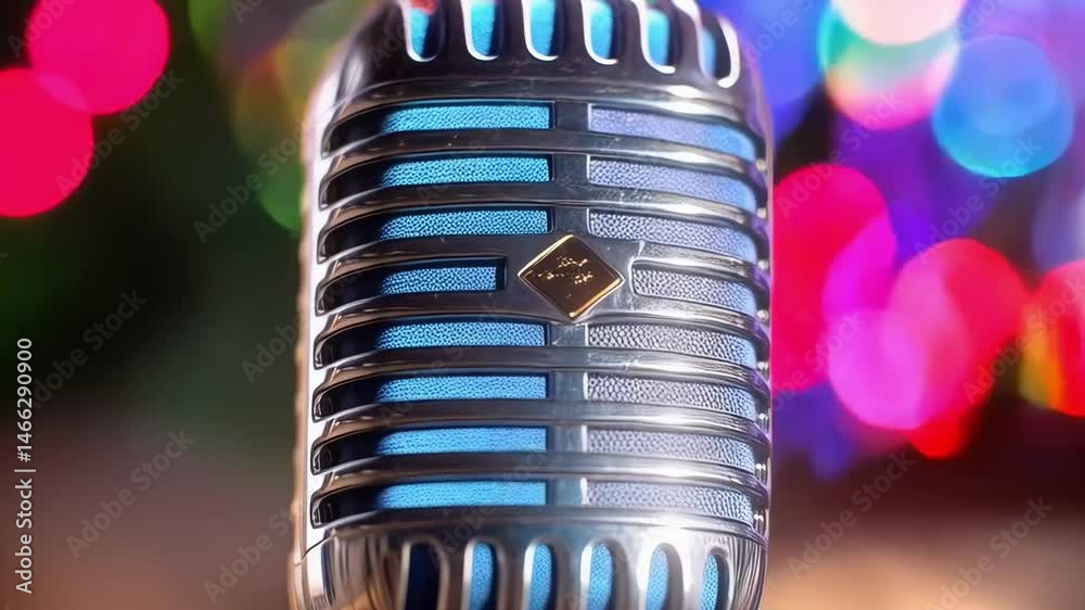 An old retro microphone against a background of blurred lights.