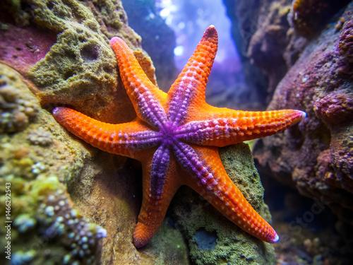 Orange and purple starfish in a rock crevice. A starfish with orange and purple arms is on a rock. The rock is surrounded by other sea creatures. photo